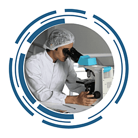 A scientist wearing a white lab coat and hairnet examining a sample through a microscope in a laboratory. The image is framed by a circular, futuristic design